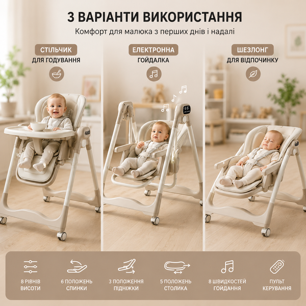 Стілець для годування + гойдалка V7 / Дитячий регульований стіл для годування 3в1 / Електронна гойдалка для немовлят M17905 фото